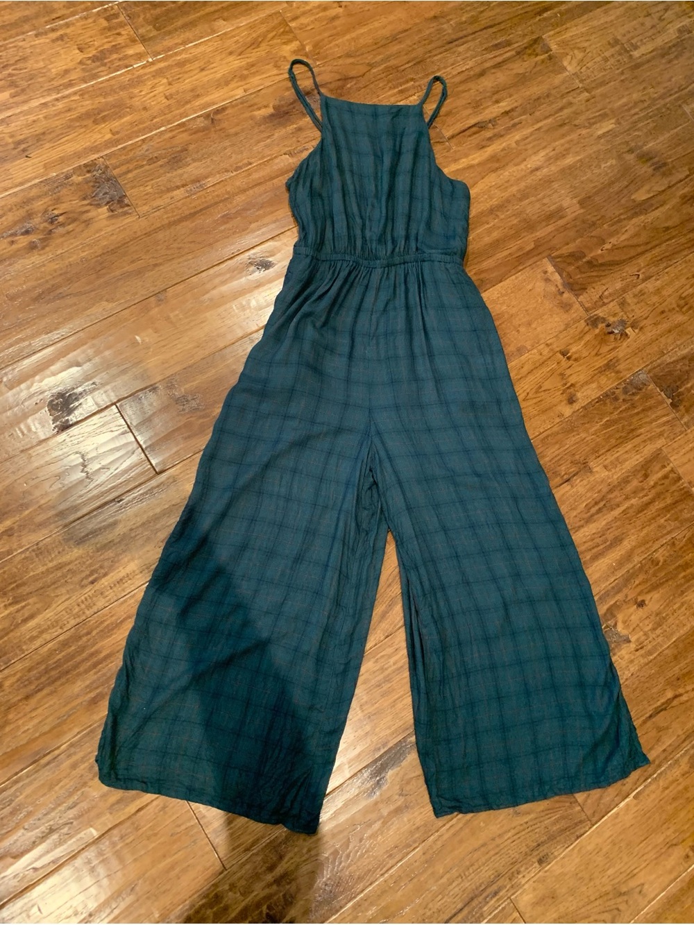 American Eagle Outfitters Teal Plaid Wide-Leg Jumpsuit
